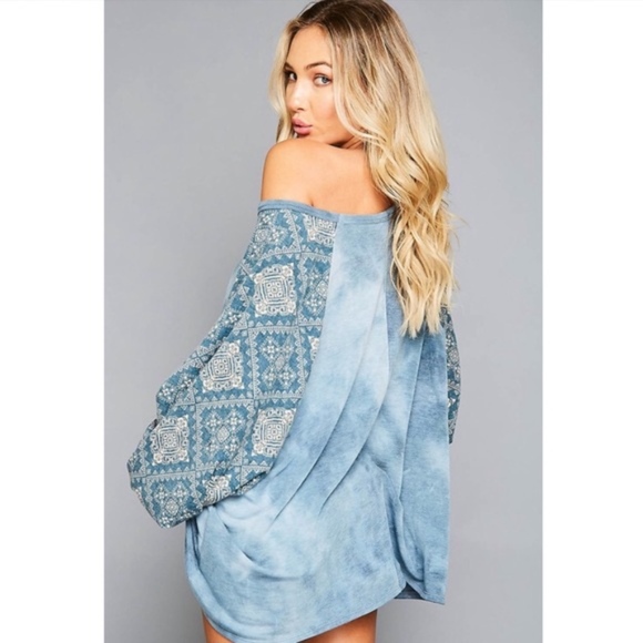Blue tie dye print off shoulder long sleeve top - Picture 5 of 5
